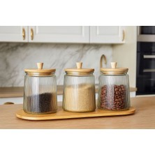 Feyza Design Bambu Standlı 4’lü Cam Kapaklı Saklama Kavanoz Seti, 800ML