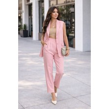 Madame Melek Zr Model Marka Vatkalı Yelek Pantolon Takım - Havuç Pantolon Uzun Yelek Düz Renk Takım