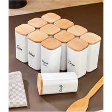 Feyza Design 12'li 300 ml Bambu Ahşap Kapaklı Akrilik Mika Baharatlık Saklama Kabı