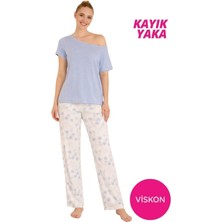 Seamlife Kadın Mavi Çiçek Desenli Düğmesiz Kayık Yaka Viskon Düşük Omuz Kısa Kol Ev Giyim Homewear Pijama Takımı