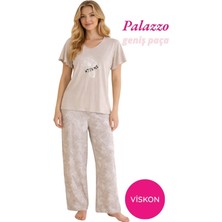 Seamlife Kadın Bej Çiçek Desenli Düğmesiz Geniş Yaka Viskon Oversize Kısa Kol Palazzo Geniş Paça Alt Homewear Pijama Takımı