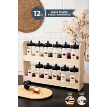 Feyza Design Ahşap Standlı 12'li Cam Baharatlık Seti, 24 Etiket Hediye