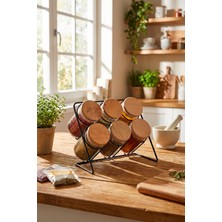 Feyza Design 6'lı Mika Baharatlık Seti, Ahşap Kapaklı, Metal Standlı, 500 Ml, Tezgah Düzenleyici