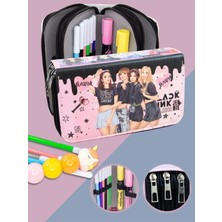 Özgürce Şık Üç Bölmeli Vegan Deri Kalem Kutusu, Siyah Pembe Renkli Tasarım