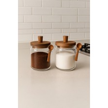 Feyza Design Şeffaf 2'li Akasya Kapaklı ve Kaşıklı Borosilikat Cam Kavanoz Seti