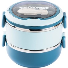 Feyza Design Mavi Paslanmaz Çelik Yuvarlak 2 Katlı Çatal ve Kaşıklı Yemek Kabı 850ML