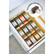 Feyza Design 12'li Bambu Kapaklı Kare Cam Baharatlık Takımı ve Etiket Hediyesi
