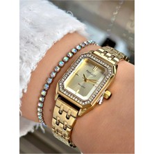 Ferrucci Dikdörtgen Taşlı Zarif Kasa Çelik Kadın Kol Saati+Bileklik Hediye