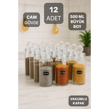 Feyza Design 12'li Büyük Boy Vakumlu Cam Baharatlık Seti, 500 Ml, Şık ve Kullanışlı