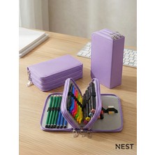 Özgürce Lila Renk Deri Kalem Kutusu, 3 Fermuarlı, Şık ve Pratik Tasarım