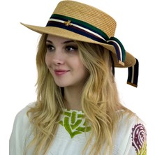 Bay Şapkacı Kadın Şeritli Hasır Şapka 3853