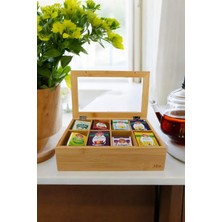 Feyza Design Bambu Çay Kutusu 8 Bölmeli Kapaklı, Bitki Çayı Saklama Kabı, Kahverengi