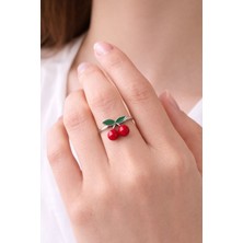 Herşey Nota Kiraz Figürlü Yüzük – Kırmızı Yeşil Detaylı Ayarlanabilir Kadın Yüzük