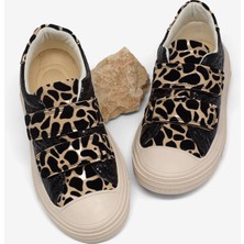 Tonny Black Siyah Leopar Çocuk Unisex Cırtlı Sneaker Düz Taban ile Şık ve Rahat