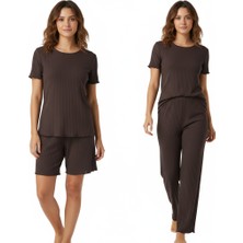 Bonbon Kadın Kahve Renk Kısa Kollu Pijamalı ve Şortlu 3'lü Pamuklu Takım BB2332