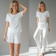 Bonbon Kadın Ekru Renk Bohçalık Çeyizlik Hediyelik Kısa Kollu Pijama ve Şortlu 3'lü Pamuklu Pijama Takım BB2331