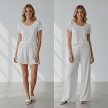 Bonbon Kadın Beyaz Renk Bohçalık Çeyizlik Hediyelik Kısa Kollu Pijama ve Şortlu 3'lü Pamuklu Pijama Takım BB2330
