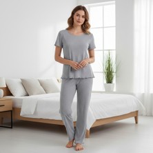 Bonbon Kadın Koyu Gri Renk Kısa Kollu Pijamalı ve Şortlu 3'lü Pamuklu Takım BB2333