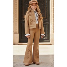 Riccotarz Kız Çocuk Kristal Taş Düğmeli Şifon Gömlek Çiçek Desen Işlemeli Ceket Süet Taba Alt Üst Takım