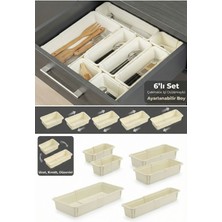 Feyza Design 6'lı Ayarlanabilir Bej Kaşıklık Seti, Mutfak Düzenleyici, Uzayan Modüler Organizer