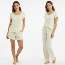 Bonbon Kadın Sarı Renk Kısa Kollu Pijamalı ve Şortlu 3'lü Pamuklu Takım BB2334