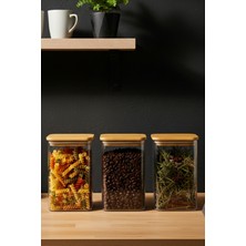 Feyza Design 3'lü Bambu Kapaklı Plastik Bakliyat ve Erzak Saklama Kabı 1500 ml