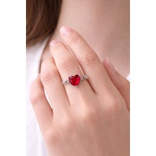 Herşey Nota Kırmızı Kalp Taşlı Ayarlanabilir Yüzük – Gümüş Renk Kadın Yüzük