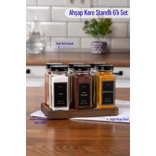 Feyza Design 6'lı Ahşap Kare Standlı Cam Baharatlık Takımı Siyah Kapaklı