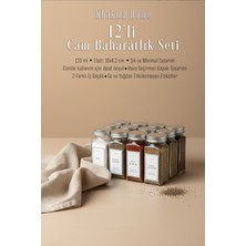 Feyza Design 12'li Cam Baharatlık Seti, 120 Ml, Gümüş Kapak, Beyaz Etiket, Şık Tasarım