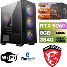 MSI Şafak-Gaming Pc Ddr5-Ryzen 5 7500F-RTX 5060 8gb-16 GB Ddr5 Ram-1 Tb Nvme 5000 4000-WİN11PRO-WİFİ-BLUETOOTH-