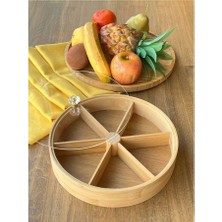 Feyza Design Yuvarlak Bambu 6 Bölmeli Kahvaltılık ve Çerezlik Akrilik Kapaklı 20 cm
