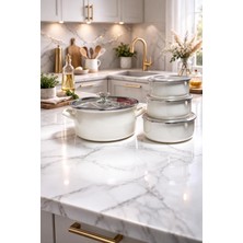 İliva Emaye Tencere ve 3’lü Saklama Kabı Seti – Fil Dişi Renk, Kızartma ve Saklama Için Pratik