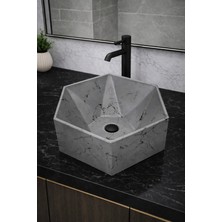 Taş Atölyesi Mermer Desenli Tezgah Üstü Altıgen Taş Lavabo 45 x 16 cm