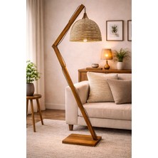 Mars Concept Tasarım&el Yapımı Rustik Ahşap Lambader – Rattan Şapkalı Dekoratif Salon Lambası