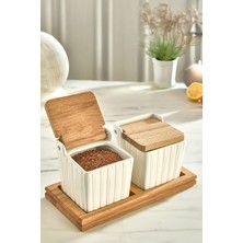 Feyza Design Iki Parça Tuz ve Biber Baharat Saklama Kabı Ahşap Standlı Set