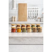 Feyza Design 12'li Bambu Kapaklı Borosilikat Cam Baharat Kavanozu, 150ML, 8,5cm
