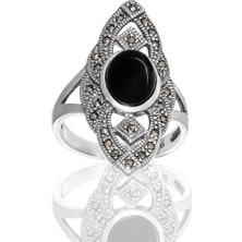 Yıldırım 925 Ayar Gümüş Siyah Oniks Taşlı Markazit Işlemeli  Kadın Yüzük