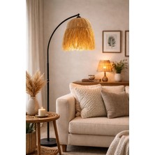 Mars Concept Bohem Hasır Püsküllü Lambader – Siyah Gövdeli Doğal Rattan Salon Lambası