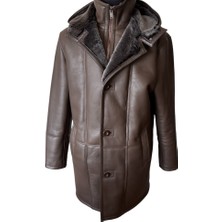 Asus Deri Kahverengi Kuzu Kürkü Erkek Kapüşonlu Kaban Rüzgara Dayanıklı Düz Stil