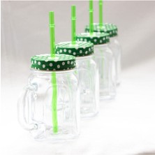 Feyza Design Yeşil Metal Kapaklı Pipetli Kulplu Kavanoz Bardak 4'lü Set