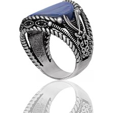 Yıldırım Mavi Ay Taşlı, Kılıç Desen Işlemeli 925 Ayar Gümüş Erkek Yüzük