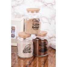 Feyza Design 3'lü Cam Kavanoz Kahve Saklama Seti, Ahşap Kapak, 800 Ml, Şeffaf ve Etiketli