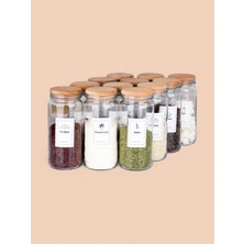 Feyza Design 12'li Ahşap Vakum Kapaklı 500ML Boru Kavanoz Seti Baharatlık Hediyeli