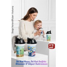 Aesco Çocuk Pipetli Bardak Seti 2'li Dinozor & Süper Kahraman Ikili Eğlenceli Kapaklı Suluk Matara 300 ml
