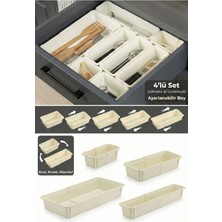 Feyza Design 4'lü Ayarlanabilir Bej Kaşıklık Seti, Uzayan Çekmece Modüler Organizer