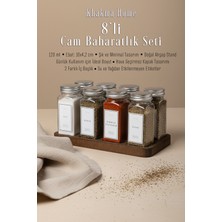 Feyza Design Şık Ahşap Standlı 8'li Cam Baharatlık Seti, 120 Ml, Gümüş Kapak, Beyaz Etiket
