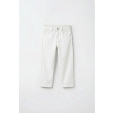 Magu Unisex Çocuk Pamuklu Beyaz Düz Pantolon - Cepli Denim Görünümlü