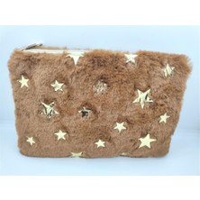 Özgürce Kahverengi Peluş Kalem Çantası, Yaldızlı ve Şık Tasarım
