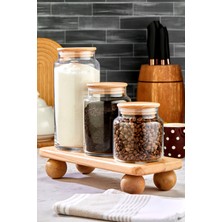 Feyza Design 3'lü Ahşap Kapaklı Vakumlu Saklama Kabı Seti, Stantlı, 1300/800/500ML