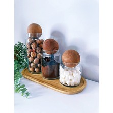 Feyza Design 3'lü Ahşap Top Kapaklı Dekoratif Cam Kavanoz Seti